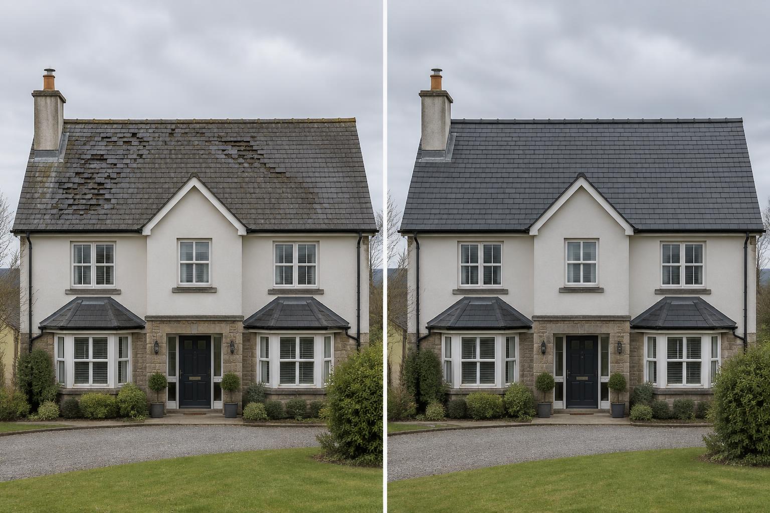 The same Irish house before and after a professional slate roof repair